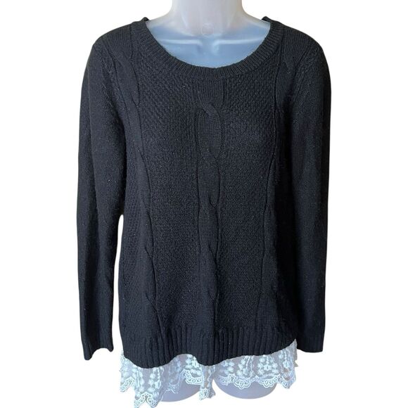 ABStudio Black Cableknit Crewneck Sweater Lace Trim Sz S Whimsigoth Twee - Picture 12 of 12